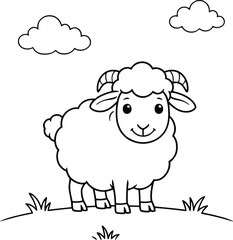 Obraz premium Charming black and white line art illustration of a fluffy sheep standing in grass with clouds above