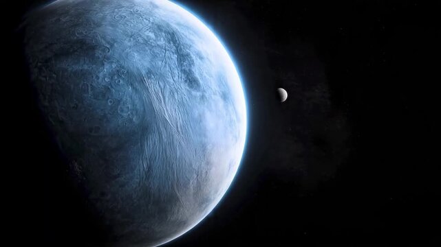Blue textured planet with a small moon nearby surrounded by deep black space, 4K Video.