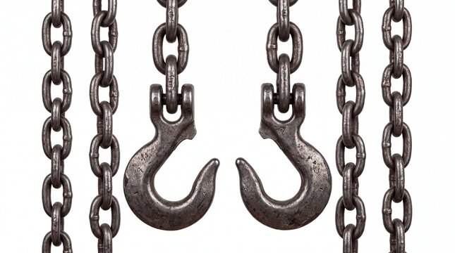 Heavy duty industrial steel lifting hooks hanging with metal chains suspended vertically on white background