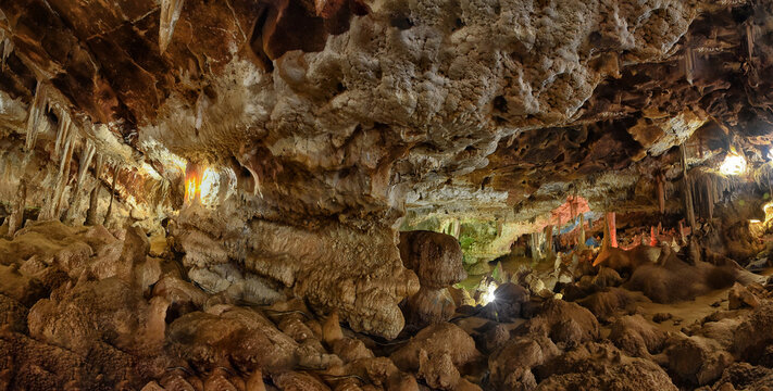 Panoramic underground landscape of Ali Sadr Cave with stalactites and stalagmites in Hamedan, Iran