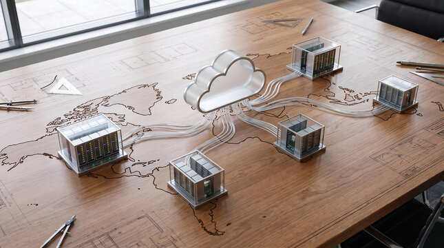 Silver cloud icon connected to miniature server racks with glowing lights resting on a brown wooden desk surface representing networking