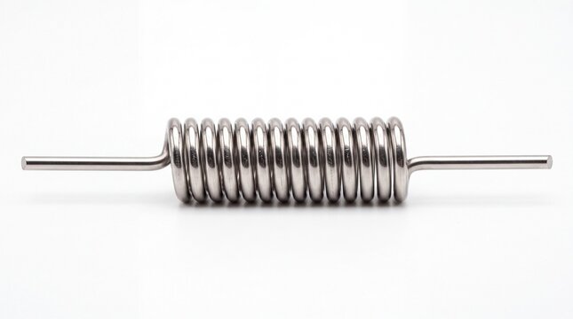 Polished stainless steel torsion spring with metallic wire texture isolated in macro view on white background