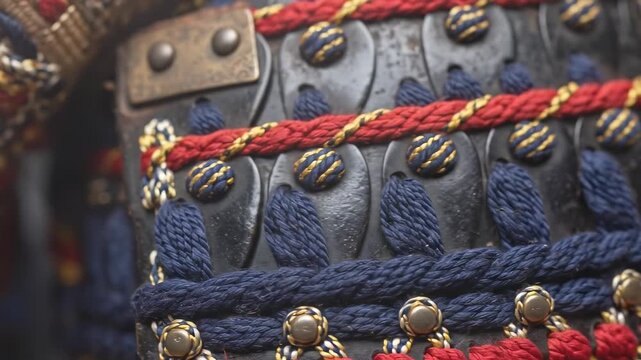 Traditional samurai armor scale plates with red and blue woven cord lacing