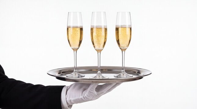 Waiter hand holding shiny metal tray with three sparkling champagne glasses captured on white background