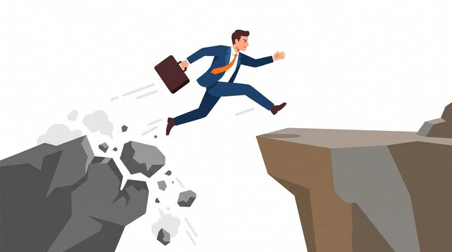Businessman in suit leaping across a rocky chasm with a briefcase