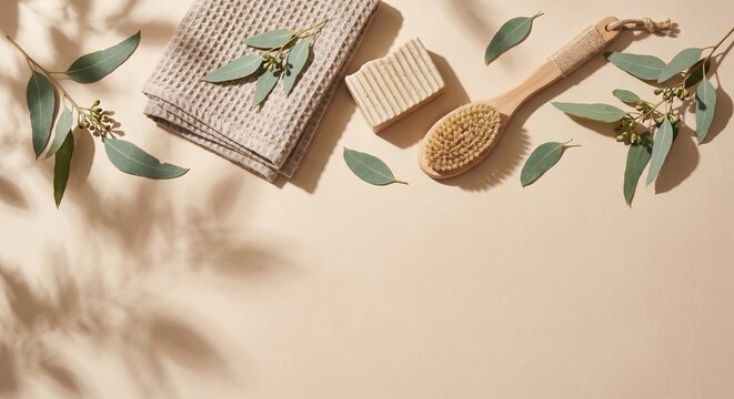 Eco friendly bathroom wellness flat lay with waffle towel soap and copy space