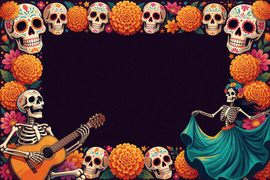 Dia de los Muertos frame with dancing skeletons, musician skeleton playing guitar, vibrant marigolds and sugar skulls decoration. Festive Mexican holiday border design with floral elements and skulls.