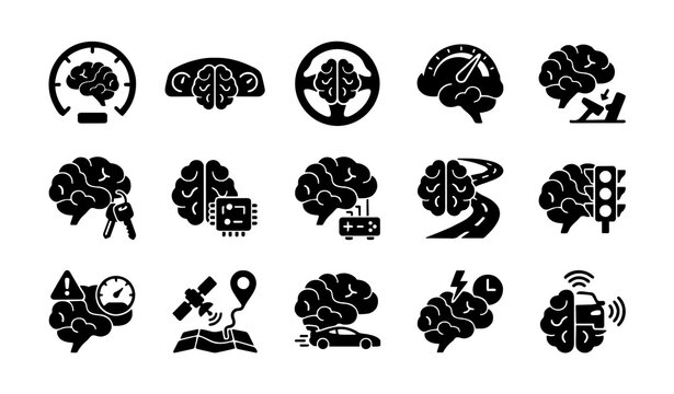 Untitled design - 2 Human Brain and Car Dashboard Silhouette Icons &ndash; Driving Cognition, Speed Control, Vehicle Safety and Automotive Vector Concepts