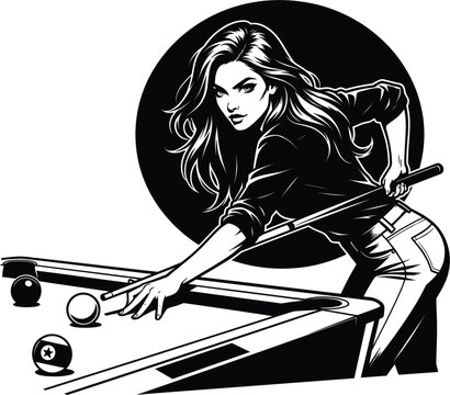 Beautiful woman playing billiards holding pool cue stick vector illustration isolated on white background
