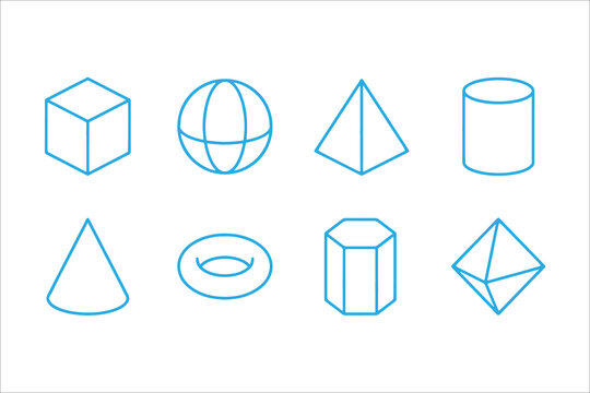 Set of eight geometric 3d shapes illustration with clean lines and subtle shading