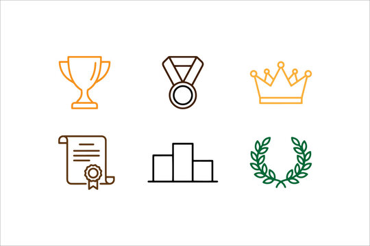 Set of six colorful achievement and award icons including trophy, medal, crown, diploma, podium, and laurel wreath