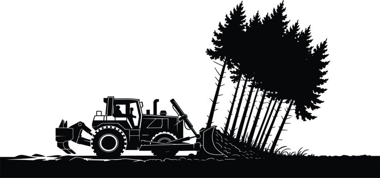 Heavy bulldozer machine clearing forest trees vector illustration silhouette isolated on white background