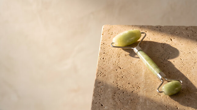 Jade Facial Roller Tool on Travertine Stone Surface