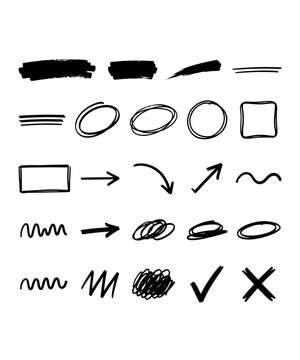 Set of hand drawn design elements including arrows circles scribbles check marks and emphasis lines