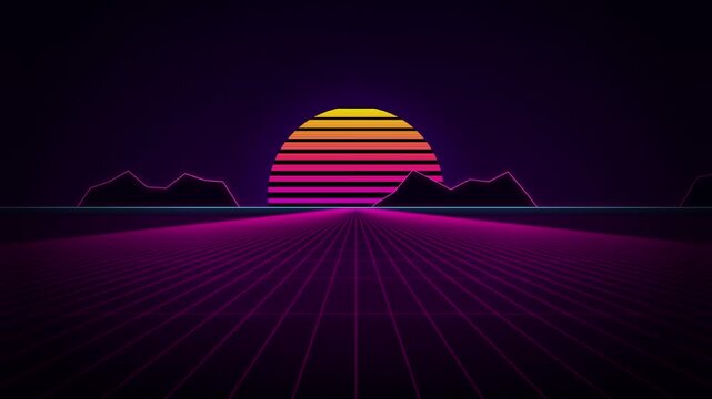 Synthwave horizon loops seamlessly with a retro aesthetic and glowing grid landscape animation eighties vaporwave