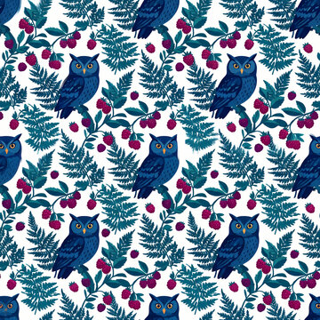 Dense woodland owls and fern fronds on white seamless pattern background