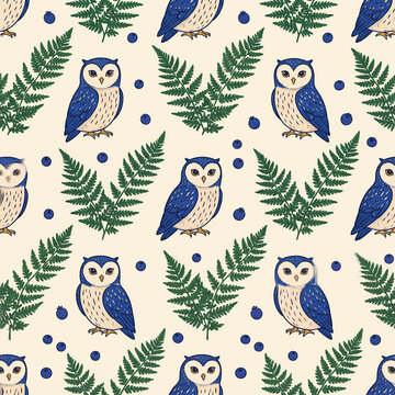 Charming woodland owls and fern fronds on soft pale cream seamless pattern background