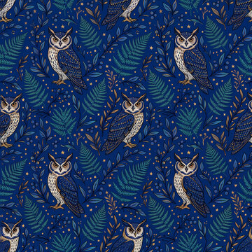 Mystical woodland owls and fern fronds on deep lapis lazuli blue seamless pattern background