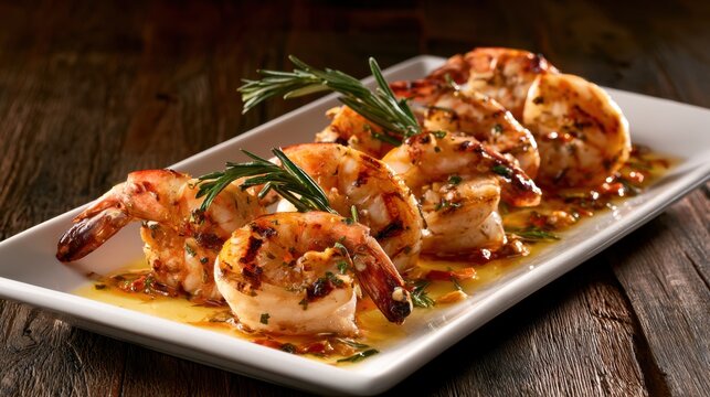 Grilled shrimp skewer with garlic herb marinade and rosemary garnish served on white rectangular plate on wooden table