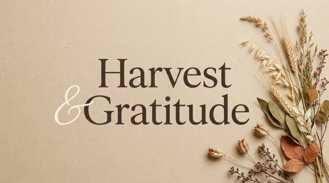 Harvest and gratitude typography with dried wheat sheaves and foliage on beige parchment paper for thanksgiving menu.