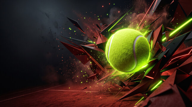 Tennis ball with glowing light trails and abstract geometric elements background