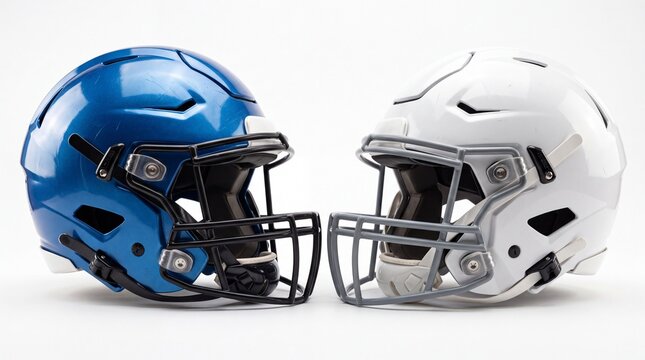 Shiny blue and matte white football helmets facing each other during competitive game on white background