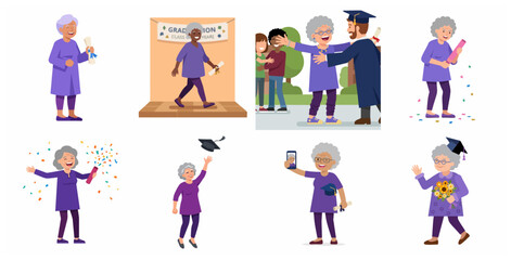 Fototapeta premium Happy Senior Woman Celebrating Graduation Character Set, Lifelong Learning and Achievement Concept Illustration