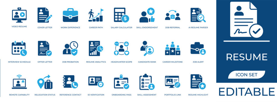 Resume icon set. Includes Job recruitment, contact employment, interview feedback, assessment, management, hr,review,hiring,Digital transformation in a blue flat design for business apps and UI.