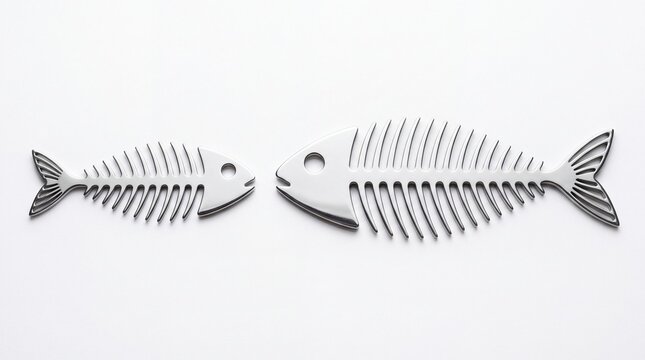 Shiny metallic fish skeletons representing comparison of different sizes arranged neatly on white background