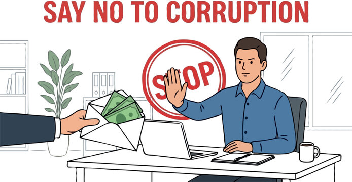 Honest businessman refusing bribe money envelope with stop gesture say no to corruption anti bribery concept vector illustration
