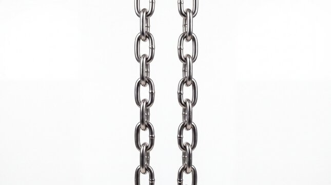 Vertical industrial silver metal chains hanging parallel against a bright and clean studio on white background