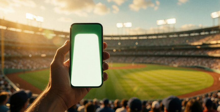 Hand holds smartphone with green screen at baseball stadium. Fan uses mobile app for sports betting live stats during game. Large crowd watches match in arena under evening sun. Digital tech for