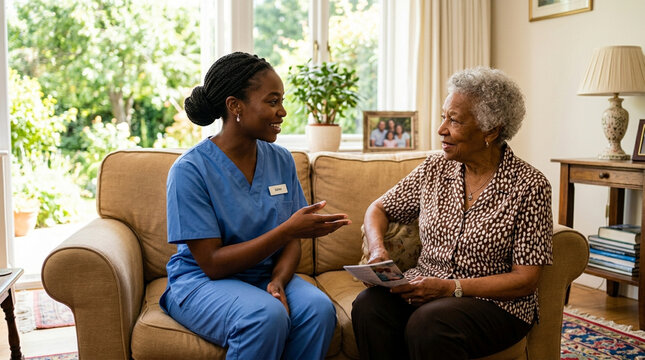 Professional African American Female Nurse Talking to Senior Woman During Home Healthcare Visit