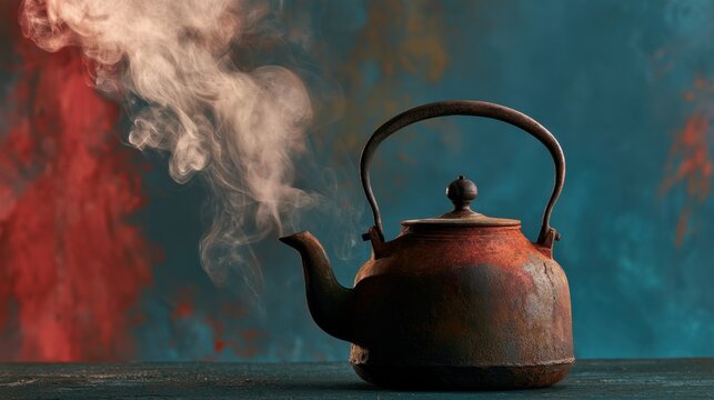 Rustic old iron kettle steaming hot with vintage design on textured surface against colorful blue and red distressed background