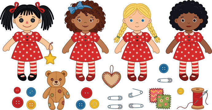 Cute Rag Doll Vector Craft Set Featuring Diverse Fabric Dolls Star Dresses Teddy Bear Buttons Safety Pins and Sewing Accessories for Scrapbooking
