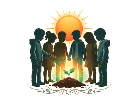 Group of children protecting a small plant