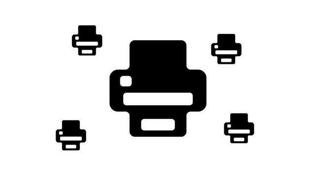 Zoom in and out animation the printer symbol. Large black symbol in the center and four small symbols around. Seamless looped 4k animation on white background