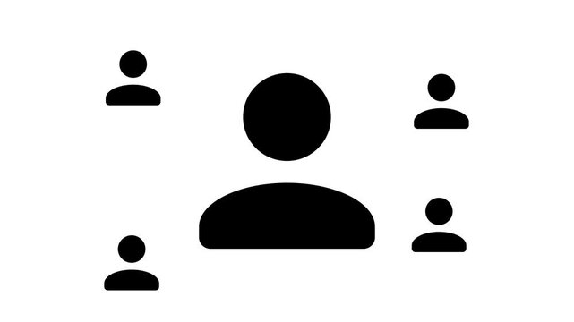 Zoom in and out animation the user symbol. Large black symbol in the center and four small symbols around. Seamless looped 4k animation on white background