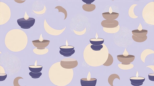 Seamless spa pattern with stacked stones, candles and crescent moons on a soft lavender background, relaxation, meditation and wellness illustration