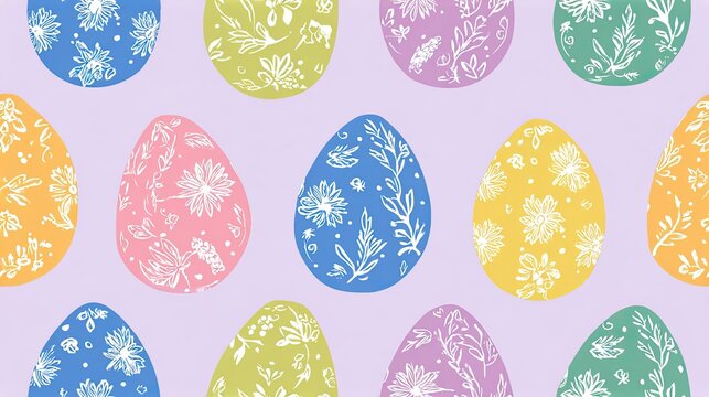 Seamless Easter pattern with colorful decorated eggs on a soft lavender background, festive spring illustration, cheerful holiday and seasonal surface design