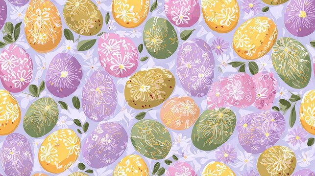 Seamless Easter pattern with colorful pastel eggs decorated with delicate floral motifs, festive spring illustration, cheerful holiday surface design
