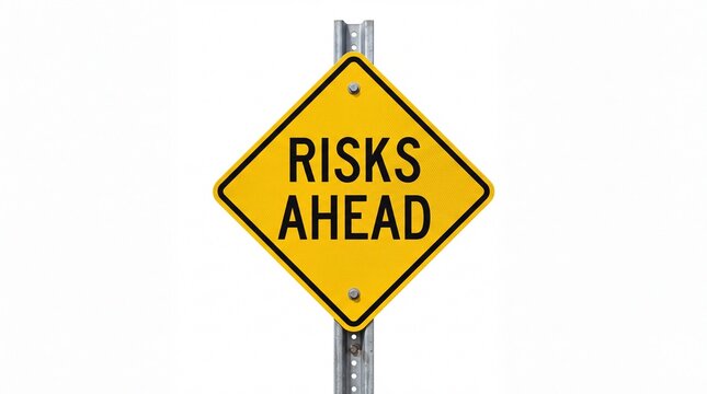 Bright yellow diamond shaped road sign displaying warning text about potential dangers on white background