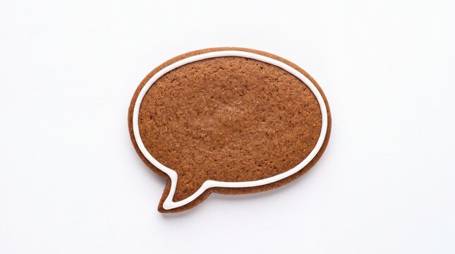Brown gingerbread cookie shaped like a speech bubble with white icing outline on white background