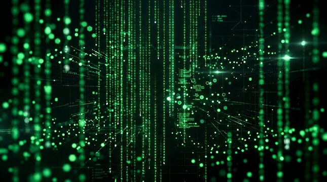 Abstract matrix background featuring vertical green binary code rain, glowing data particles, and futuristic programming network lines.