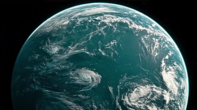 Blue turquoise planet with swirling cloud patterns and glowing atmosphere, 4K Video space scene.