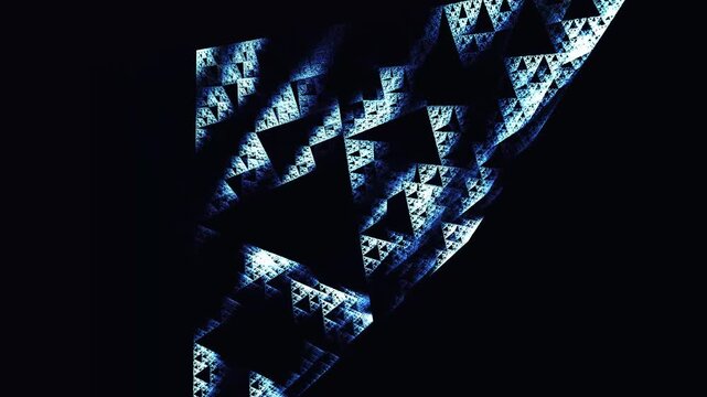 Glowing blue fractal triangle rotating in abstract seamless loop animation