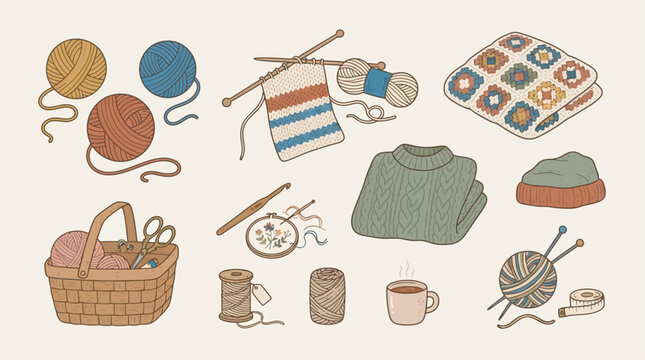 Knitting and crochet craft supplies collection with yarn balls and accessories crochet hooks knitting needles crafting set wool yarn handmade crafts crochet project knitting hobby yarn basket