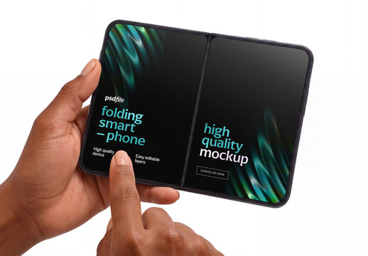 Hands Holding Folding Smartphone Mockup for App and Screen Design Presentation