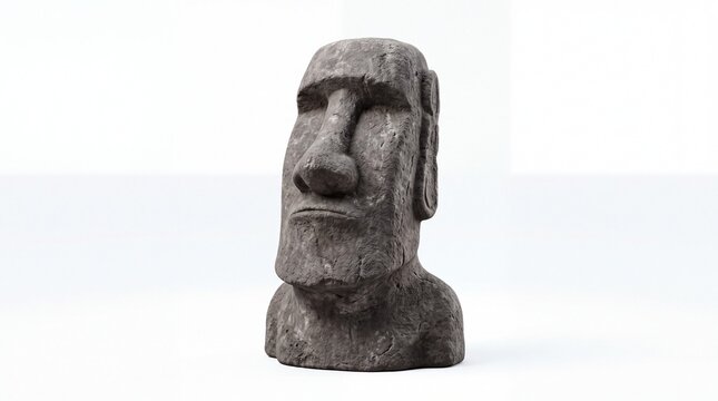 Ancient moai head statue with rough dark stone texture positioned isolated on white background