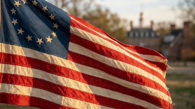 Historical united states flag with thirteen stars waving in the wind in front of a government building. 13 colonies flag